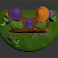 Cute Frog Sitting on Wooden Log Surrounded by Colorful Mushrooms Green Grass and Leaves