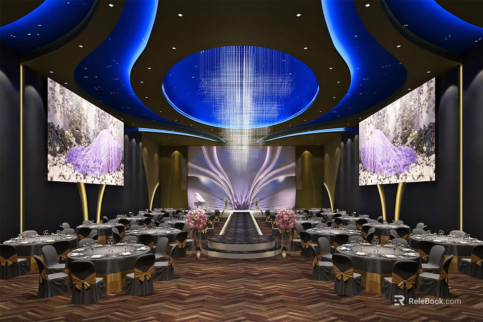 Elegant Banquet Hall with Blue Ceiling Chandelier Large Screens and Decorative Flowers 3d model 