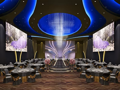 Elegant Banquet Hall with Blue Ceiling Chandelier Large Screens and Decorative Flowers 3d model