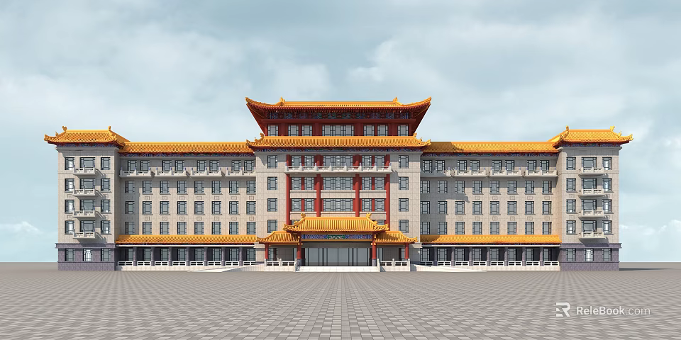 Chinese Style Multi Story Office Building with Yellow Roof Red Decorations and Front Plaza 3d model 