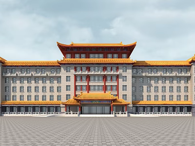 Chinese Style Multi Story Office Building with Yellow Roof Red Decorations and Front Plaza 3d model