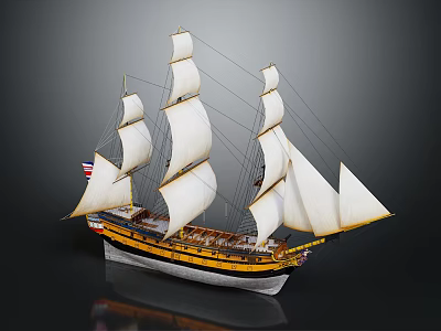 Detailed Sailing Ship Model With White Sails Yellow Black Hull And Flag 3d model