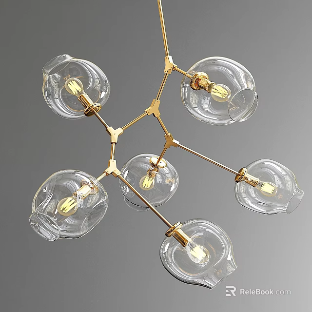 Modern Chandelier with Transparent Glass Shades and Golden Metal Structure Featuring Light Bulbs 3d model 