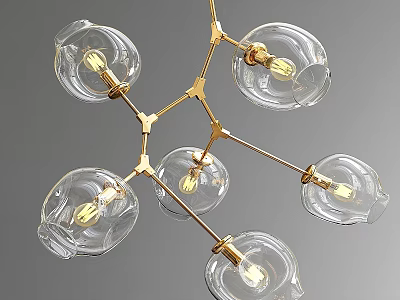 Modern Chandelier with Transparent Glass Shades and Golden Metal Structure Featuring Light Bulbs 3d model