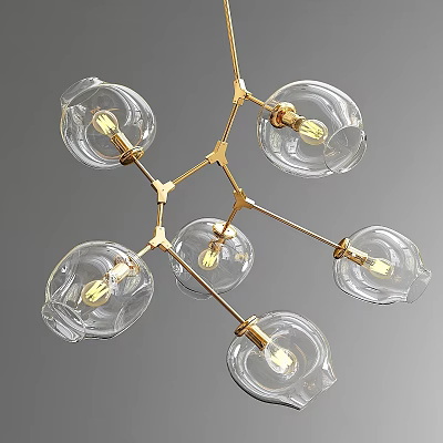 Modern Chandelier with Transparent Glass Shades and Golden Metal Structure Featuring Light Bulbs 3d model
