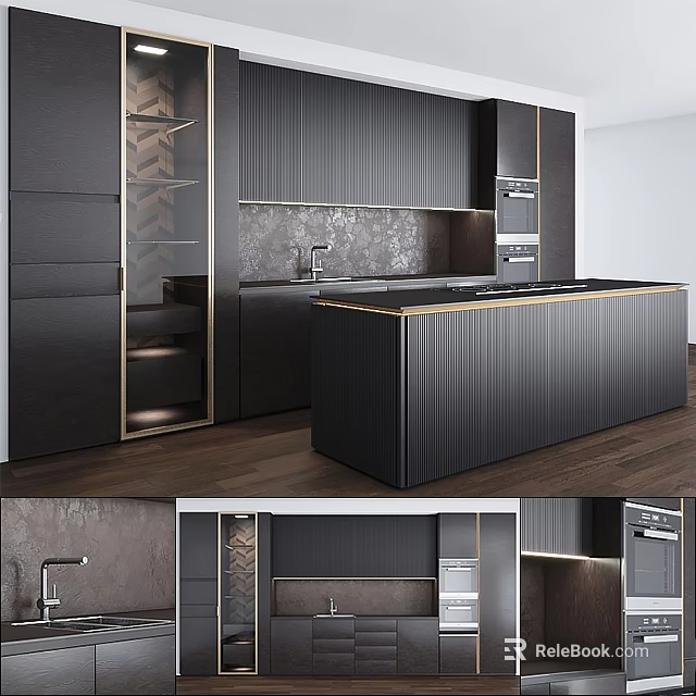 Modern Black Kitchen Cabinets With Marble Countertop Island And Built-in Appliances 3d model 