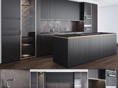 Modern Black Kitchen Cabinets With Marble Countertop Island And Built-in Appliances 3d model