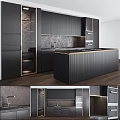 Modern Black Kitchen Cabinets With Marble Countertop Island And Built-in Appliances