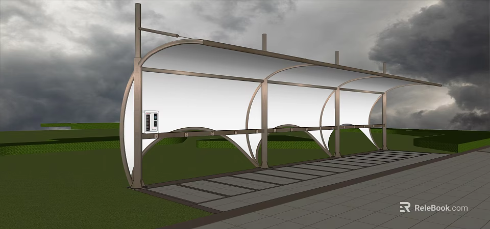 Modern Bus Shelter With White Canopy Metal Frame And Stone Pavement 3d model 
