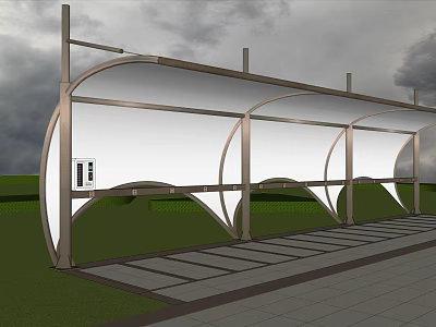Modern Bus Shelter With White Canopy Metal Frame And Stone Pavement 3d model
