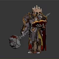 A Man in Ornate Gold Armor Holding Large Hammer With Red Yellow Cloak