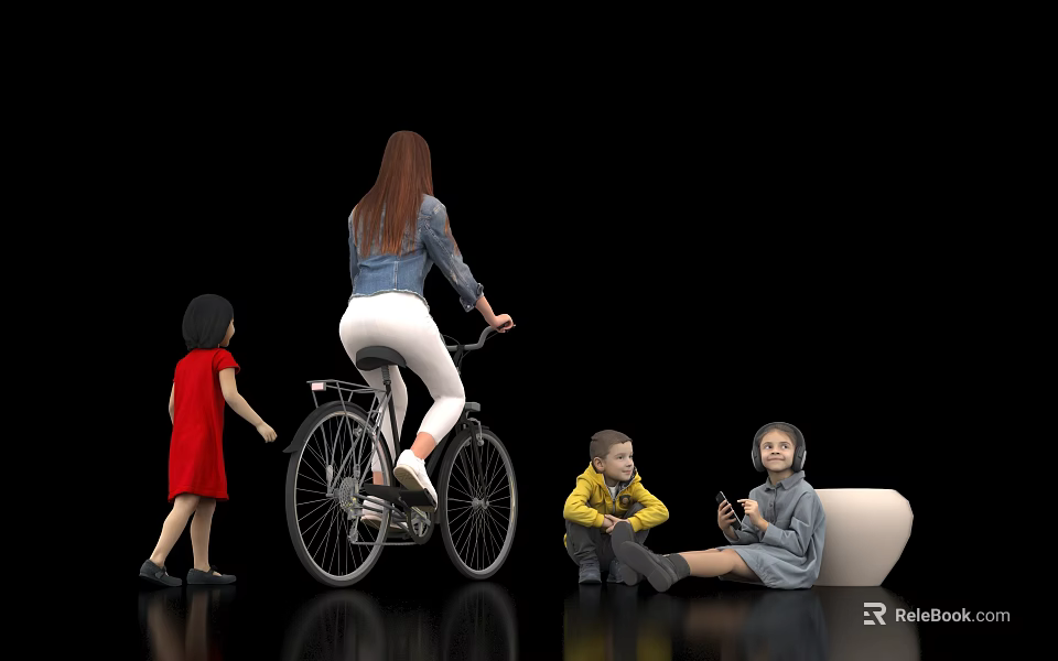 Woman Riding Bicycle With Children Standing Sitting And Using Phone Near Sofa 3d model 