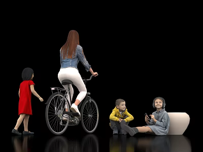 Woman Riding Bicycle With Children Standing Sitting And Using Phone Near Sofa 3d model