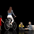 Woman Riding Bicycle With Children Standing Sitting And Using Phone Near Sofa