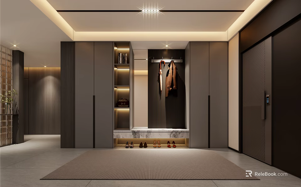 Modern Entryway Design With Dark Wood Cabinets Hanging Area Shoe Storage And Recessed Lighting Rug 3d model 