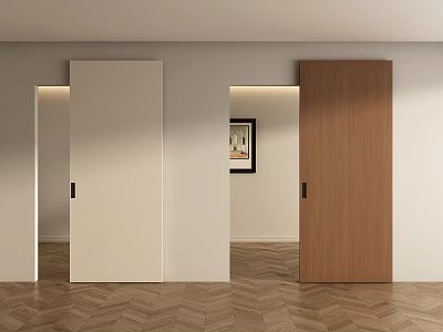 Light And Wooden Brown Sliding Doors In White Wall Interior With Herringbone Wooden Floor 3d model