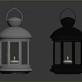 Silver And Black Metallic Lanterns With Lit Candle On Dark Surface And Reflections