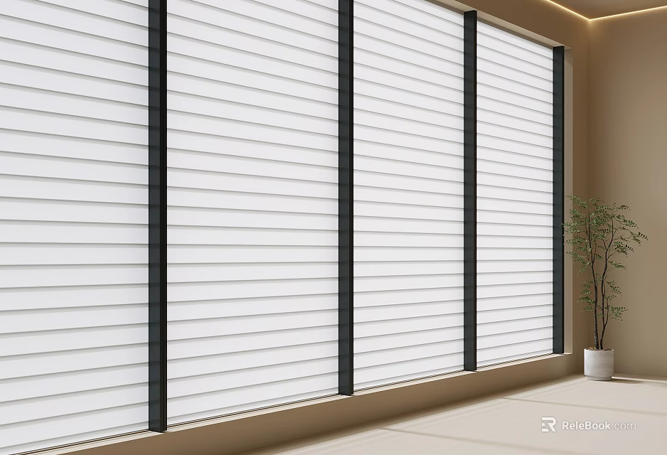 White Window Blinds With Black Frames In Modern Interior Space With Potted Plant 3d model 