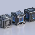 Three Metallic Tech Cases With Grid Patterns And Blue Lighting Accents