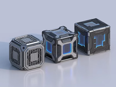 Three Metallic Tech Cases With Grid Patterns And Blue Lighting Accents 3d model