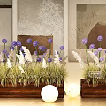 Stylish Plant Combination With Purple Flowers White Grasses In Wooden Planters And Glowing Sphere Decorations