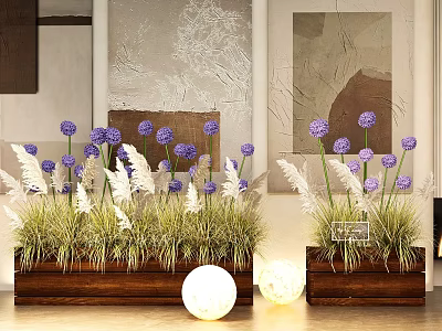 Stylish Plant Combination With Purple Flowers White Grasses In Wooden Planters And Glowing Sphere Decorations 3d model