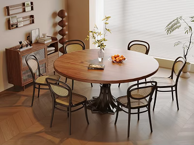 Round Wooden Dining Table Set With 6 Chairs Metal Base Fruit Bowl And Potted Plant 3d model