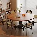 Round Wooden Dining Table Set With 6 Chairs Metal Base Fruit Bowl And Potted Plant