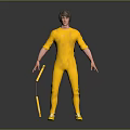 3D Male Character in Yellow Jumpsuit Holding Nunchaku Standing Pose