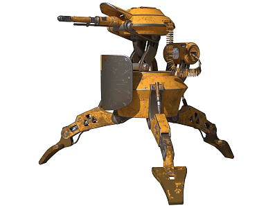 Industrial Yellow Smart Machine with Mechanical Legs and Turret Structure 3d model
