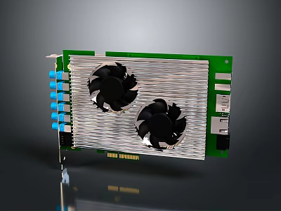 High Performance Computer Graphics Card With Green PCB Two Black Fans And Silver Heatsink 3d model