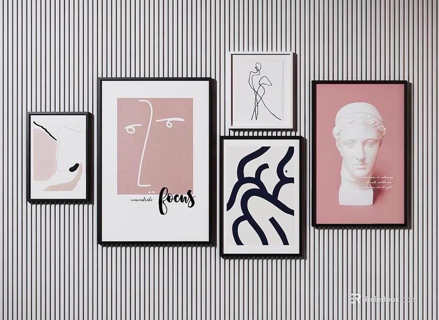 Framed Wall Art Collection With Abstract Designs Classical Sculpture And Striped Background 3d model