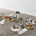 Appetizing Food Spread With Bread Fruits Drinks And Green Plant On Wooden Table