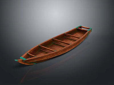 Traditional Brown Wooden Boat With Green Accents Seating Planks On Dark Background 3d model