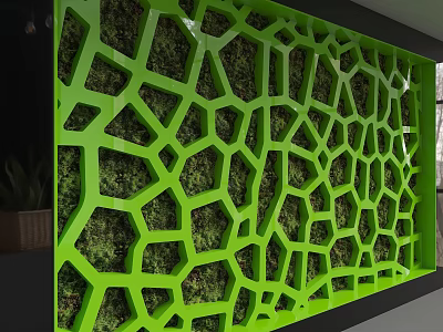 Modern Green Background Wall With Hollow Honeycomb Design And Living Plants 3d model