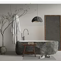 Natural Stone Bathtub With Wooden Stool Hanging Robe Side Plant And Mirror