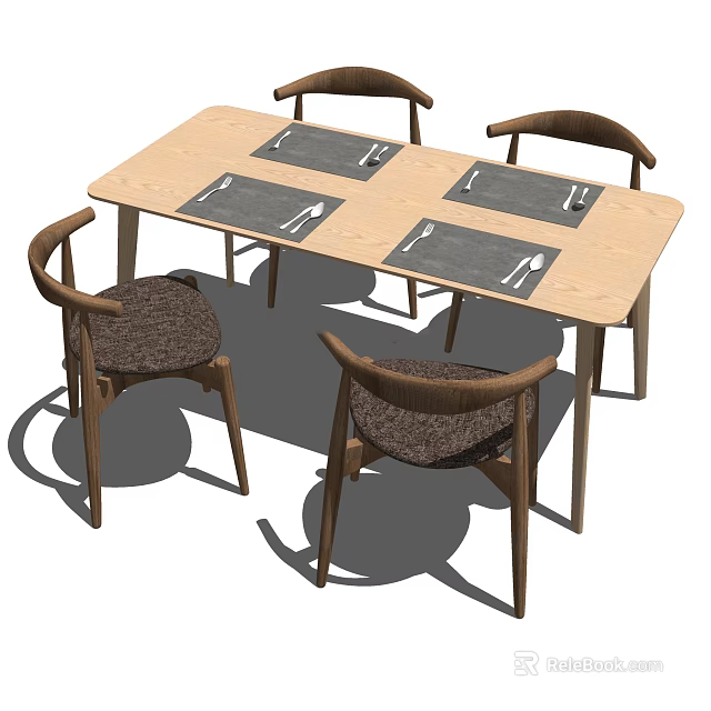Light Wooden Rectangular Dining Table Set With Four Dark Fabric Chairs Gray Placemats And Cutlery 3d model