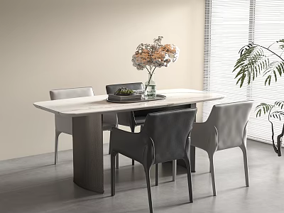 Modern Dining Table With Marble Top Gray Black Chairs Vase Flowers Tray And Green Plant 3d model