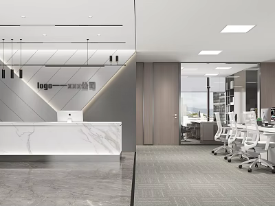 Modern Public Office Space With Open Layout Marble Reception Desk And White Office Chairs 3d model