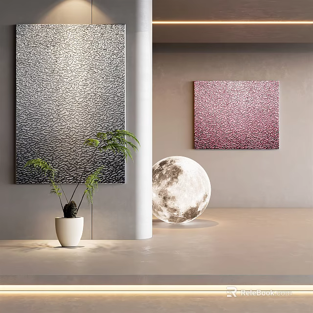 Modern Interior Decor Featuring Textured Paintings Moon Decor And Green Plant 3d model