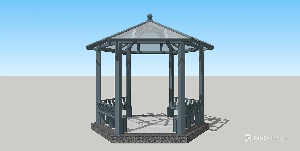 Octagonal Gazebo With Glass Roof Black Pillars Benches And Stone Base 3d model 