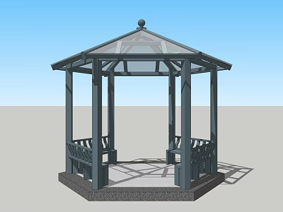 Octagonal Gazebo With Glass Roof Black Pillars Benches And Stone Base 3d model
