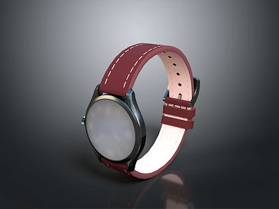 Smartwatch Electronic Device With Red Leather Strap Round Dial And Modern Design 3d model