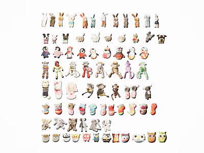 Various Colorful Plush Toys Arranged In Rows With Different Animal And Character Designs 3d model