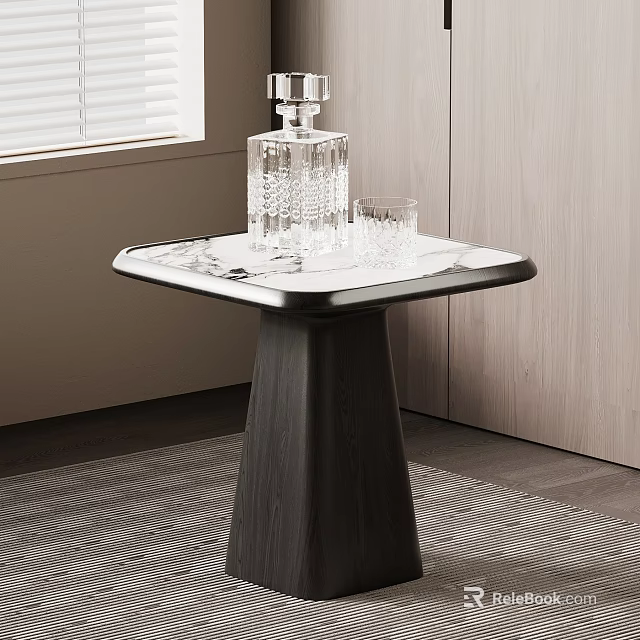 Elegant Modern Side Table With Marble Top And Wooden Base Featuring Crystal Decanter And Glasses 3d model 