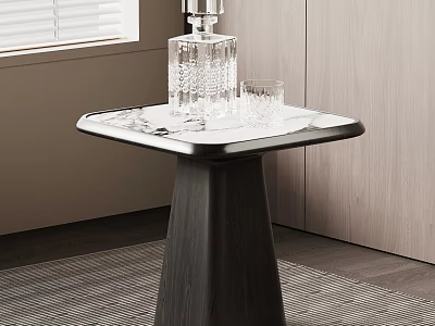 Elegant Modern Side Table With Marble Top And Wooden Base Featuring Crystal Decanter And Glasses 3d model