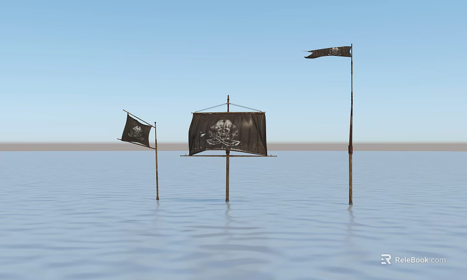 Black Pirate Flags With White Skull Design On Poles In Calm Water Under Blue Sky 3d model 