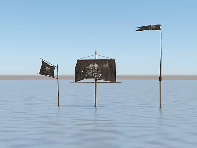 Black Pirate Flags With White Skull Design On Poles In Calm Water Under Blue Sky 3d model