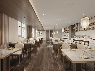 Modern Restaurant Interior With Wooden Floors Tables Chairs Pendant Lights And Table Settings 3d model