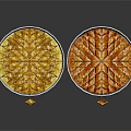 Traditional Baklava Pastry On Round White Plates With Golden And Diamond Patterns Small Pieces